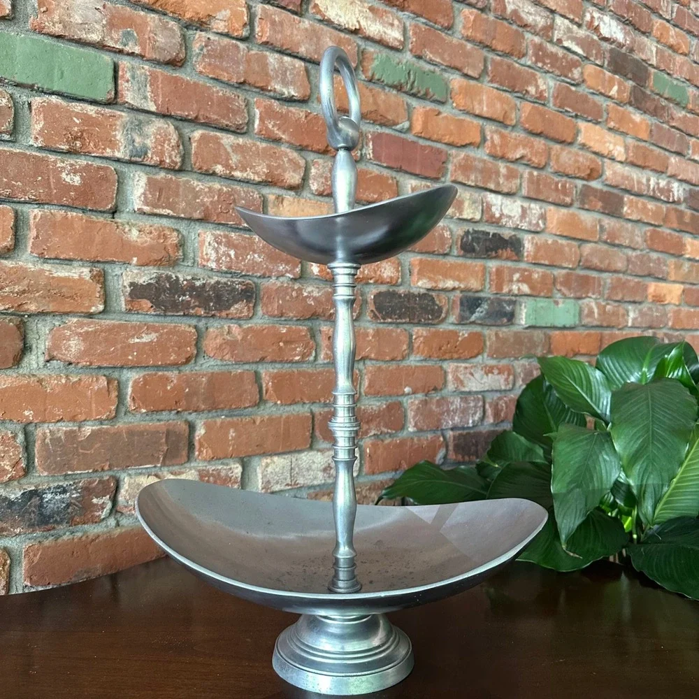 Large Two-Tier Silver-Tone Metal Serving Stand